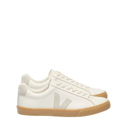 white leather veja esplar women's sneaker with gum sole