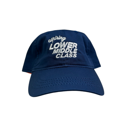 royal BLUE cap with white text reading aspiring lower middle class on a white background