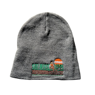 Gray beanie with embroidered ski mississippi design on a white background