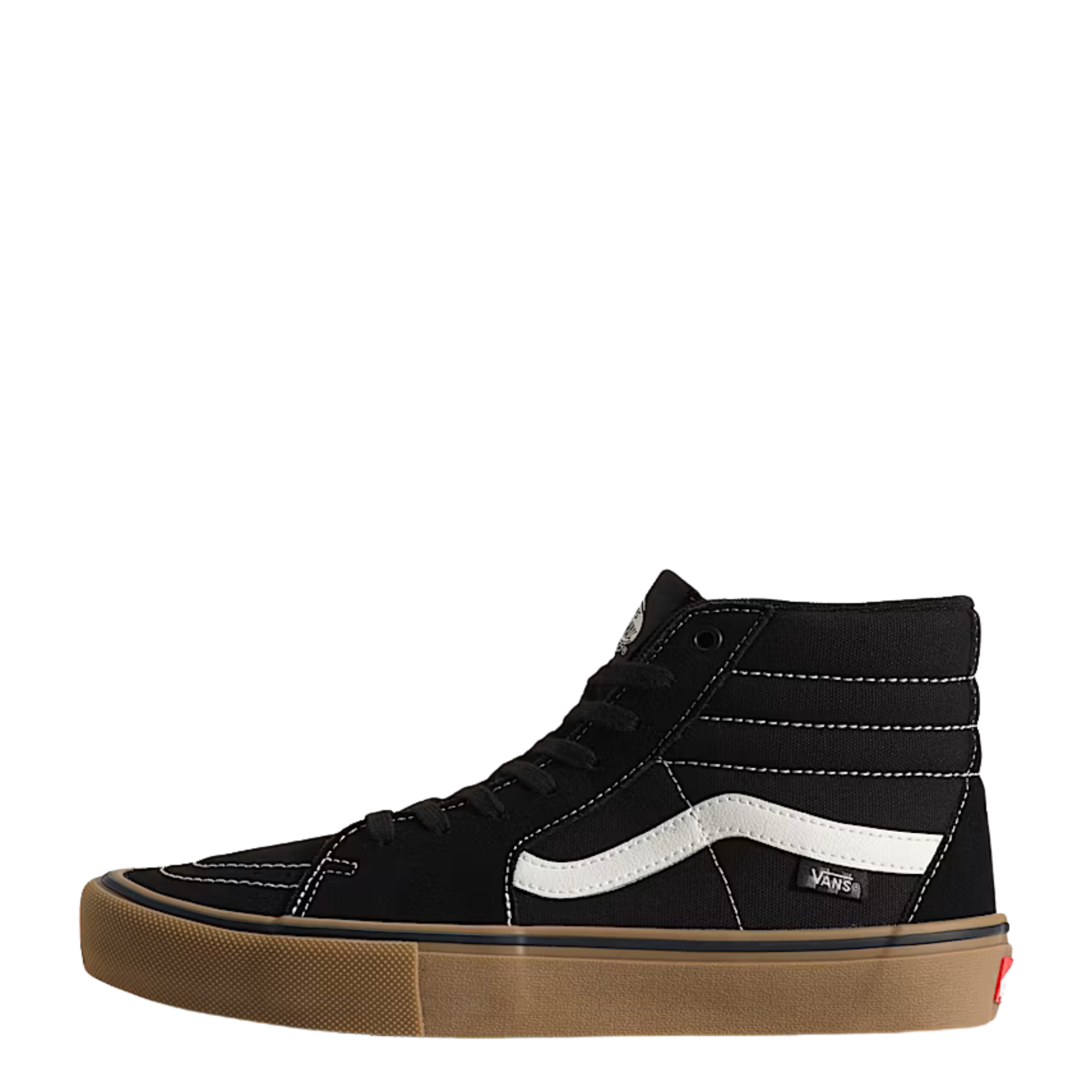 Vans skate sk8-hi Black high-top sneakers with gum soles on a white background