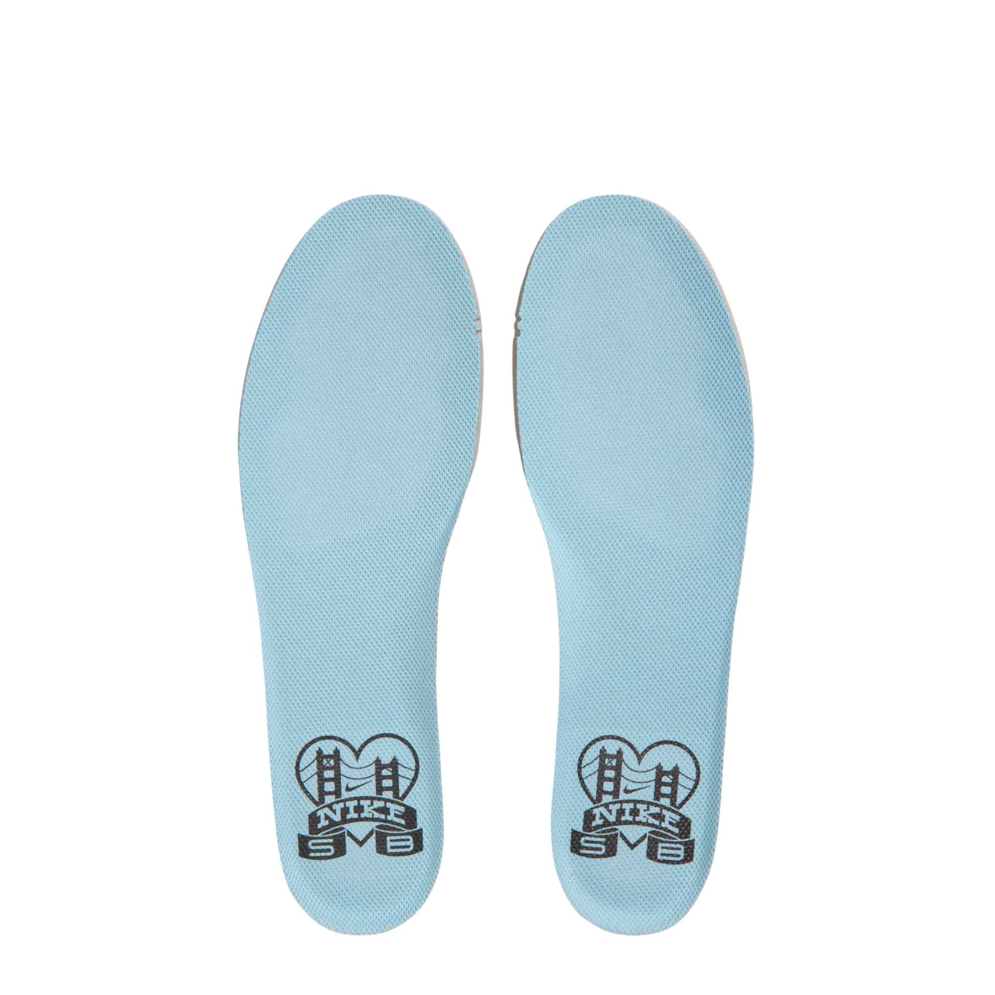 Pair of light blue shoe insoles with Nike SB logo on a white background
