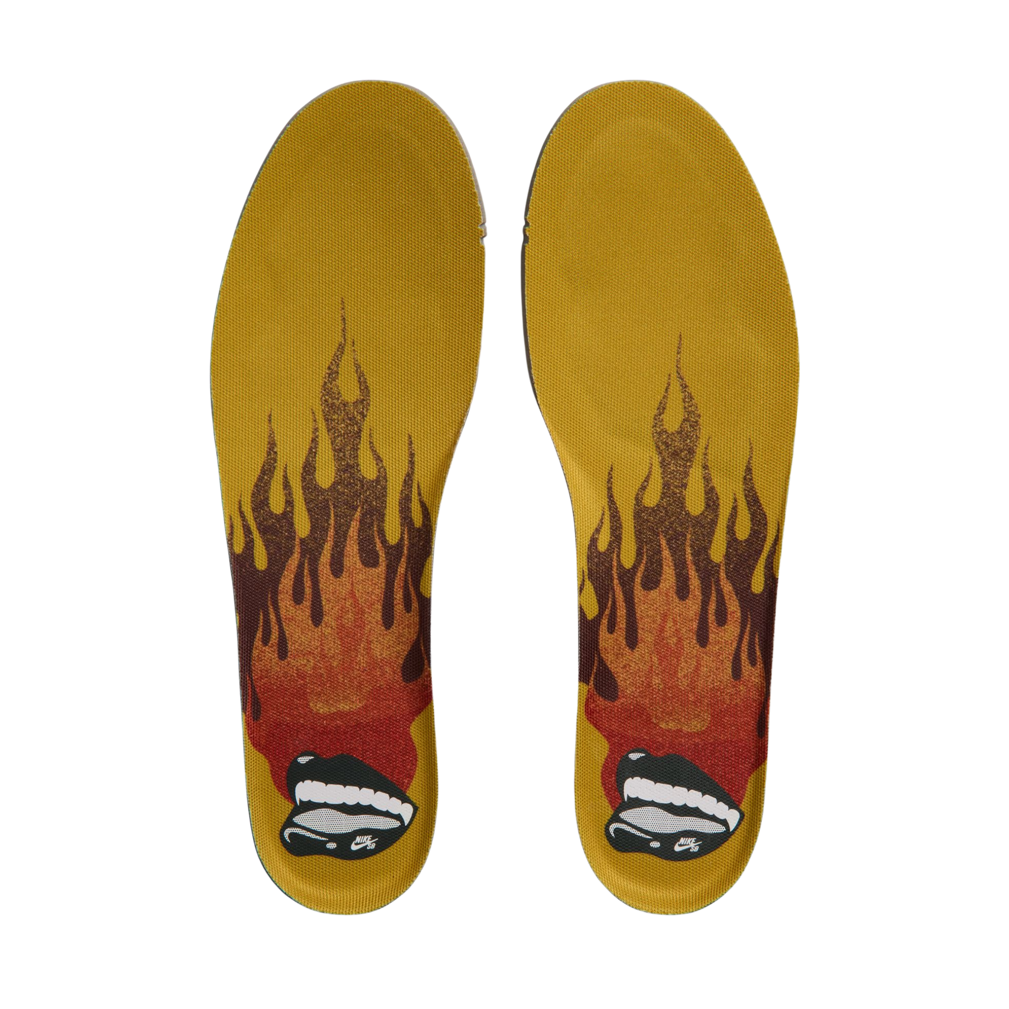 insoles from A Nike SB Saffron Dunk Low sneaker in a yellow, tan, and sage green colorway, against a plain white background