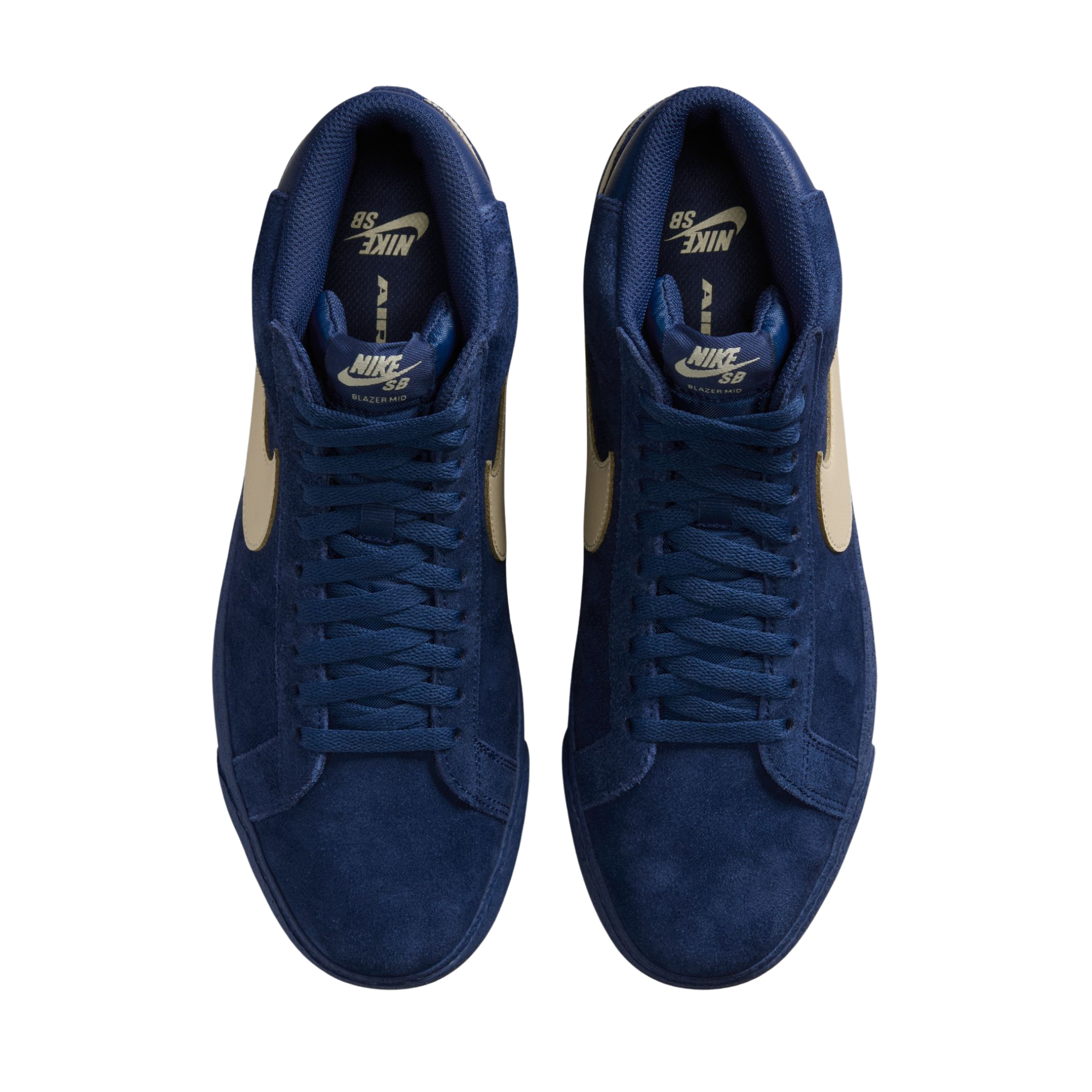 A high-top Nike sb Blazer skateboard sneaker in navy blue suede with a beige Swoosh logo and matching navy laces, shown from a side profile on a white background.
