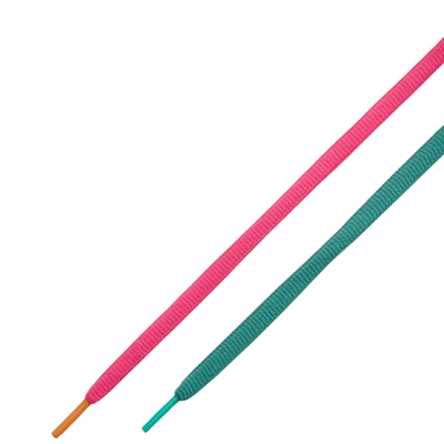shoe laces from a low-top Nike sb dunk low watermelon sneaker in a vibrant multicolor palette, featuring teal green suede, orange suede overlays, a bright pink Swoosh and laces, and a black and orange sole, shown against a plain white background.