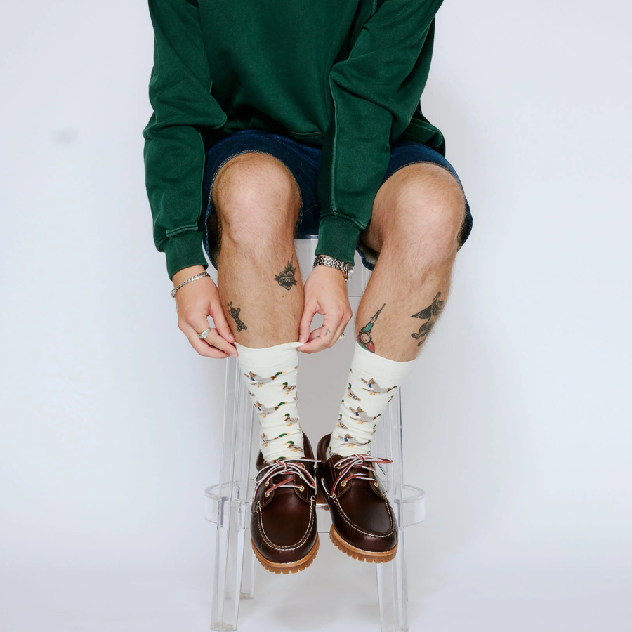 white tan bonfolk duck crew socks on a white background