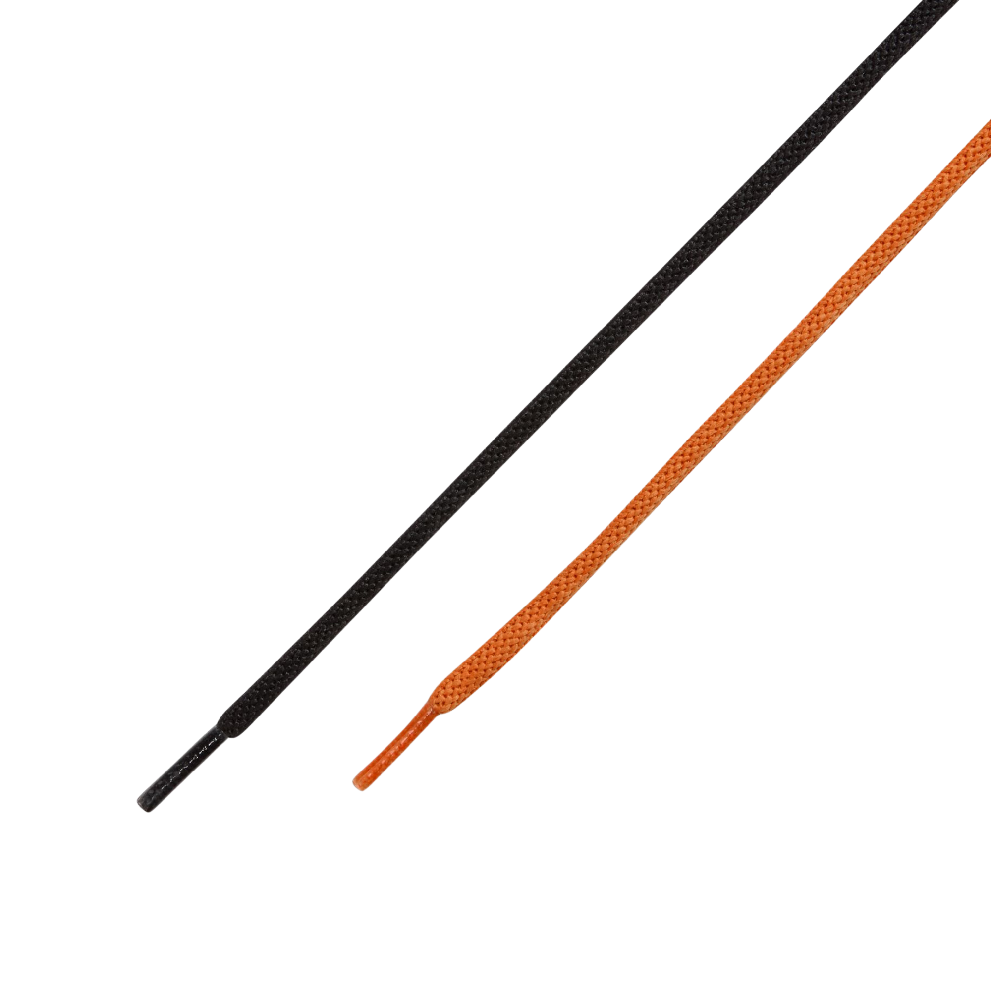 Two flat shoelaces, one black and one orange with a white dotted pattern, shown diagonally on a plain white background.