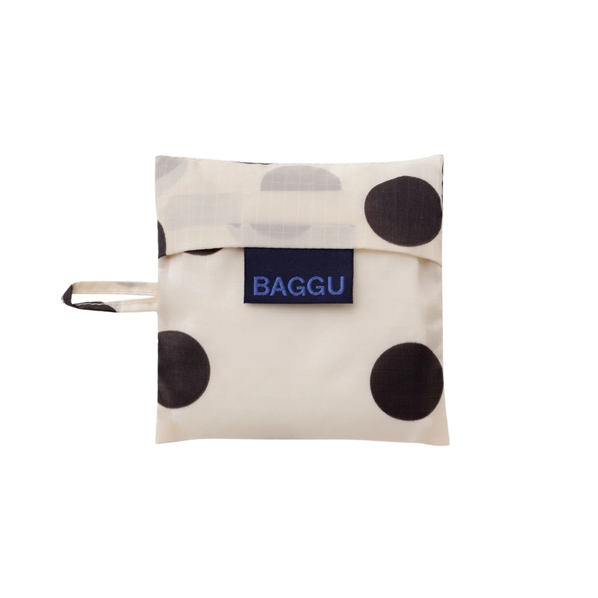 cream baby baggu reusable tote bag with black polka dots on a white background