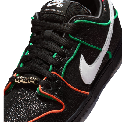 Black NIKE SB dunk low bronx girls skate sneaker with colorful accents on a white background
