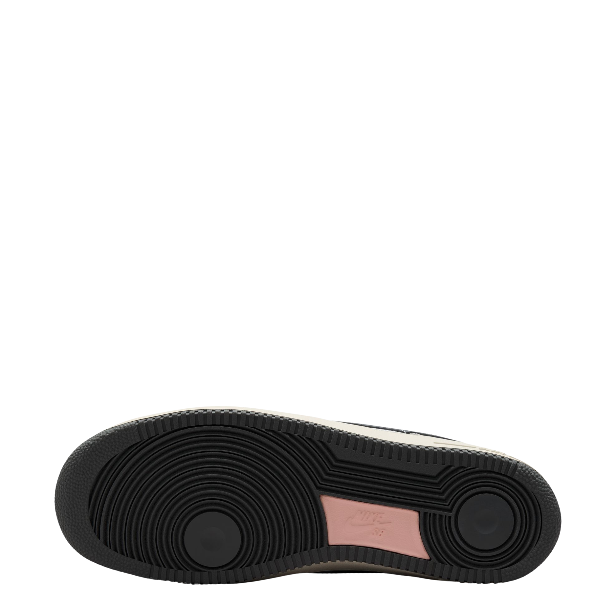 outsole of a Nike sb x Yuto Air Force 1 Low skateboard sneakers in light gray and dark gray, featuring a light gray leather upper, dark gray Swoosh, and a cream midsole with a black outsole.