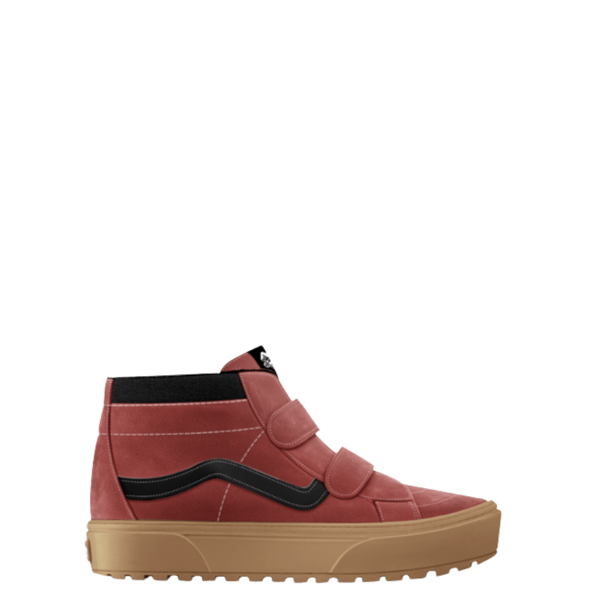 A single Vans sk8-mid high-top sneaker in dusty rose red suede with a black side stripe, black ankle collar, and a tan gum sole, shown from a side profile on a white background.