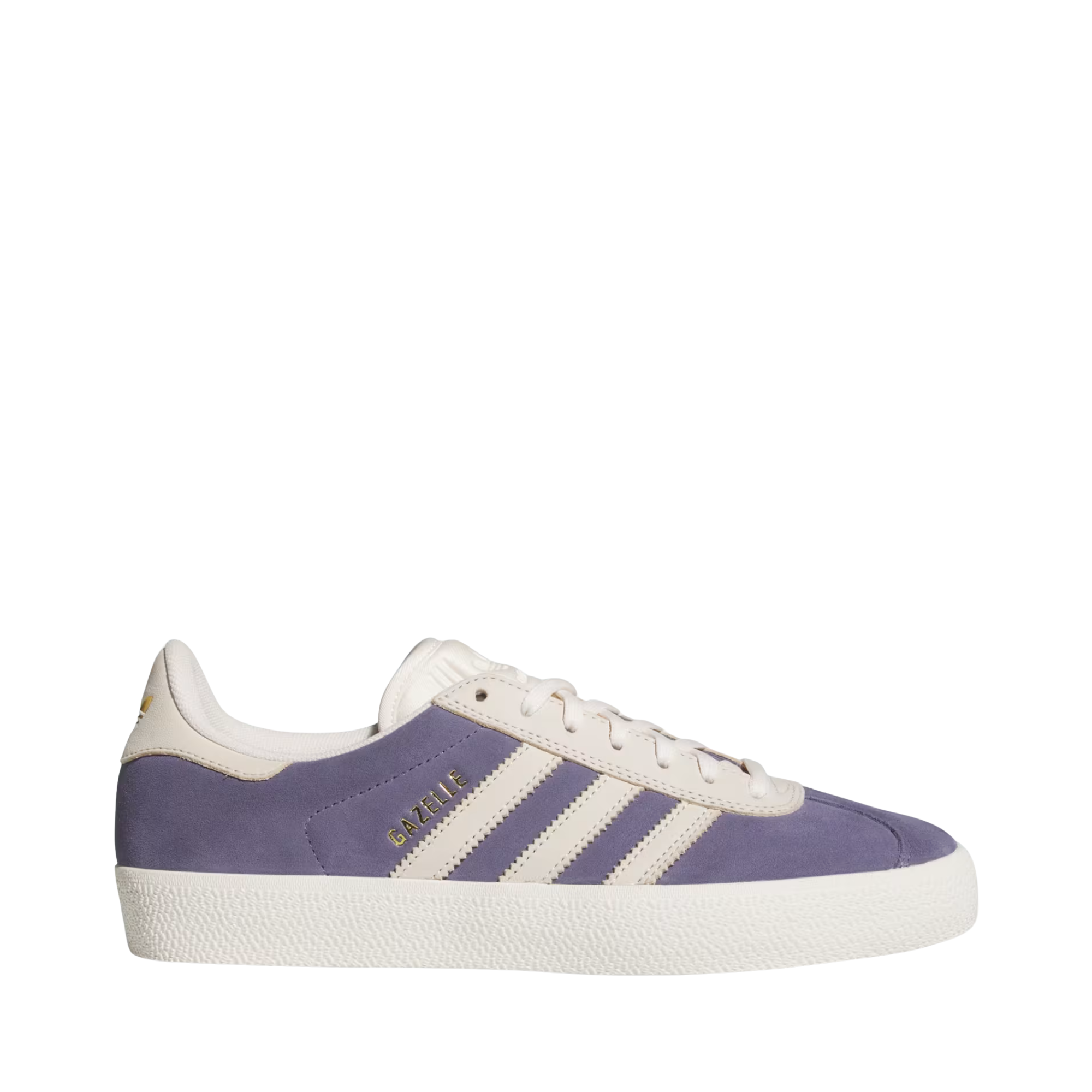 purple adidas gazelle adv skateboard shoe with white stripes on a white background