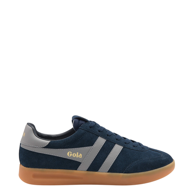 navy blue gola men's cyclone sneaker with grey stripes and gum sole on white background