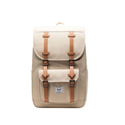 Beige herschel supply little america mid volume backpack with brown straps on a white background