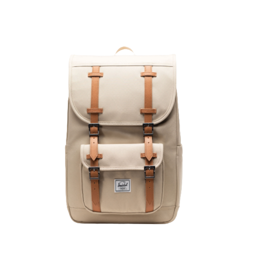 Beige herschel supply little america mid volume backpack with brown straps on a white background