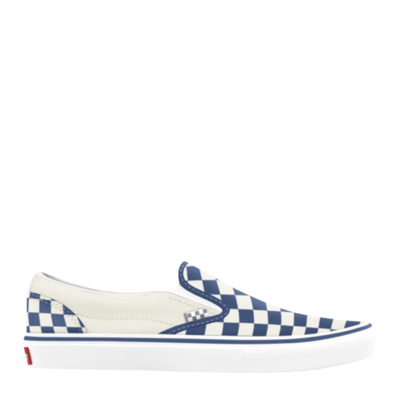 Vans Checkered skate slip-on shoe with blue and white pattern on a white background