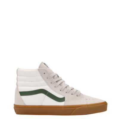 vans White high-top vans sk8-hi sneaker with green stripe and brown sole on a white background