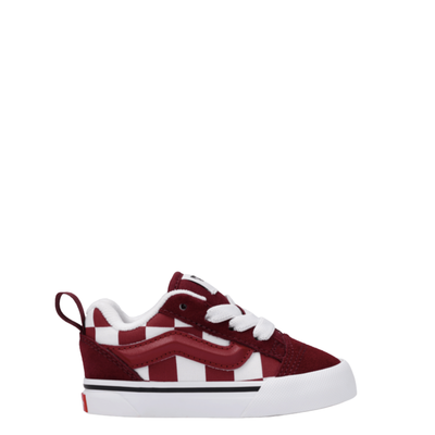 Red and white checkered vans toddler old skool toddler sneaker with elastic laces on a white background