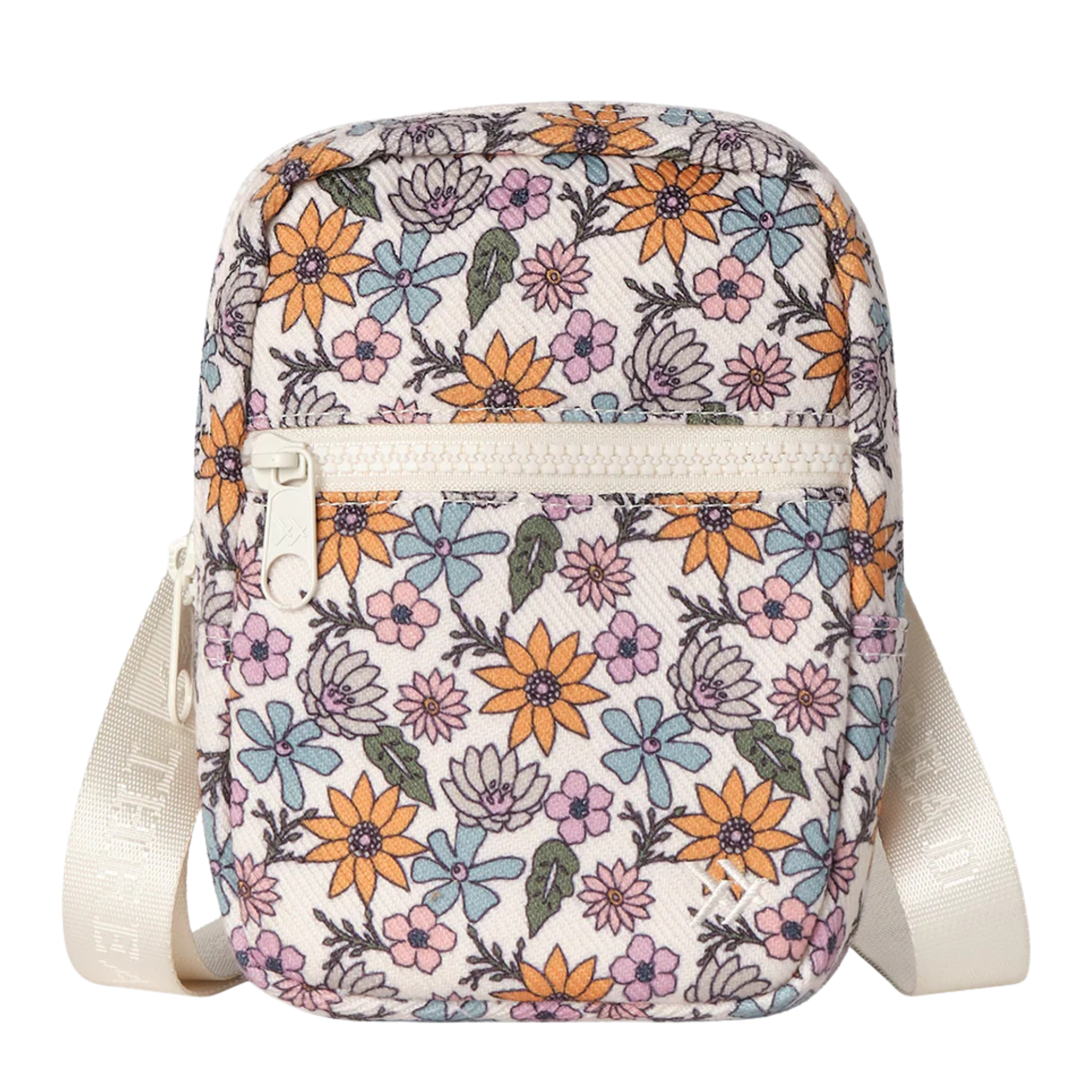 Floral-patterned thread crossbody bag on a white background