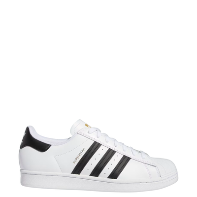 White Adidas Superstar sneaker with black stripes on a white background