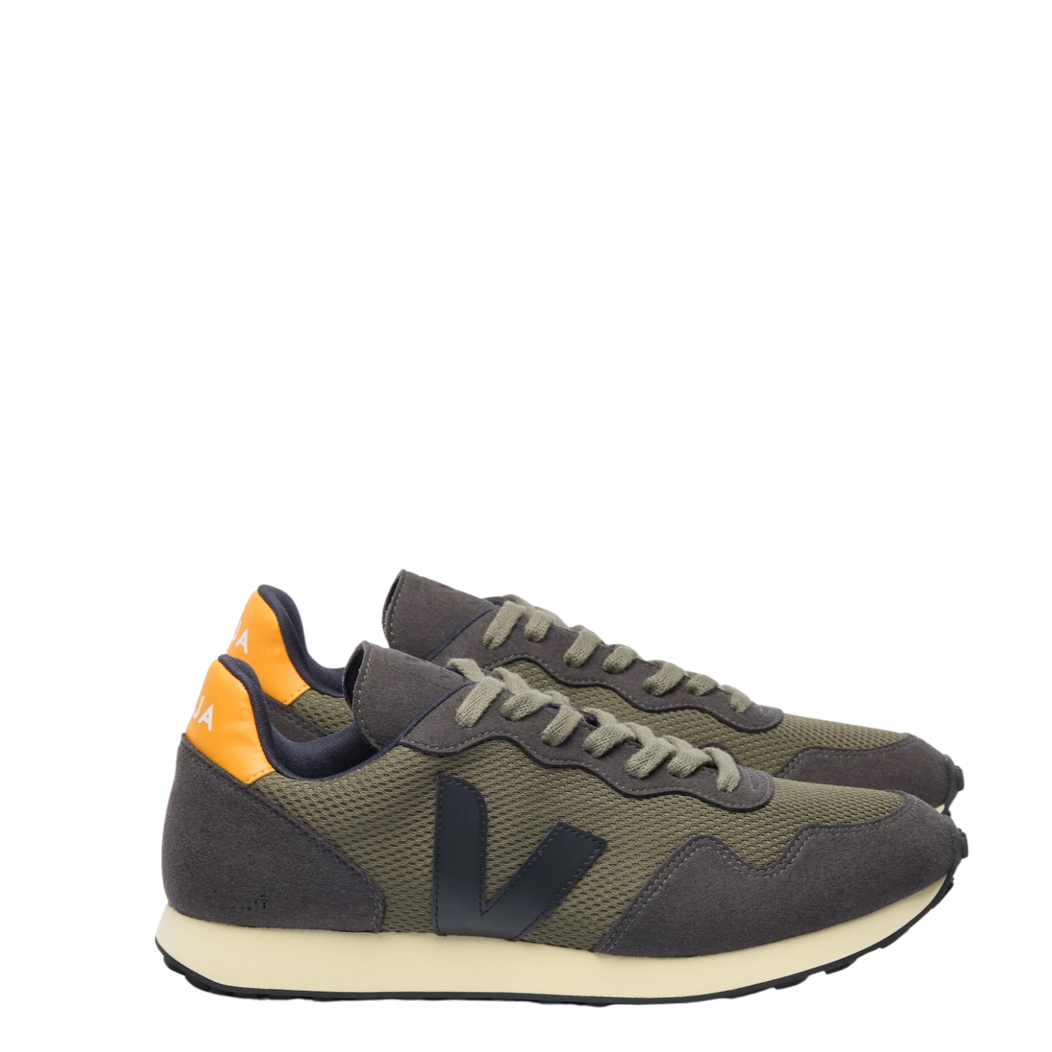 grey and green veja women's sneakers with off white sole and orange detail on the back