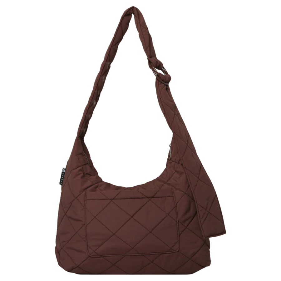 Brown quilted thread slouchy shoulder bag on a white background