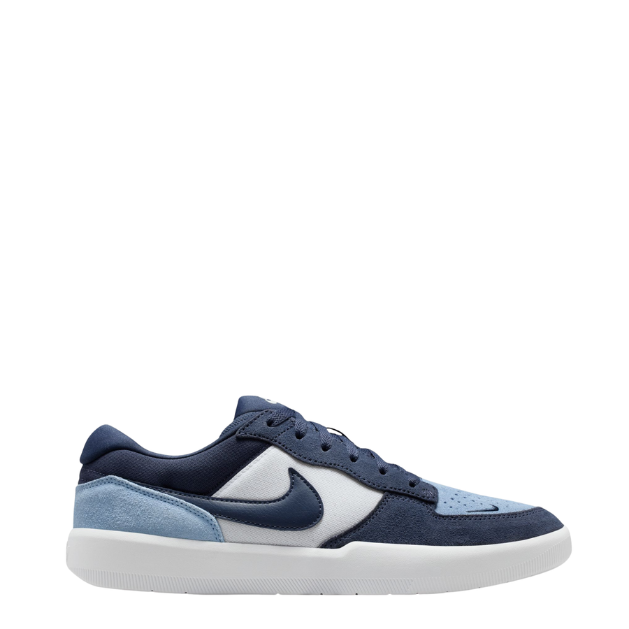 Navy and light blue NIKE SB FORCE 58 men's and women's sneaker with a white sole on a white background