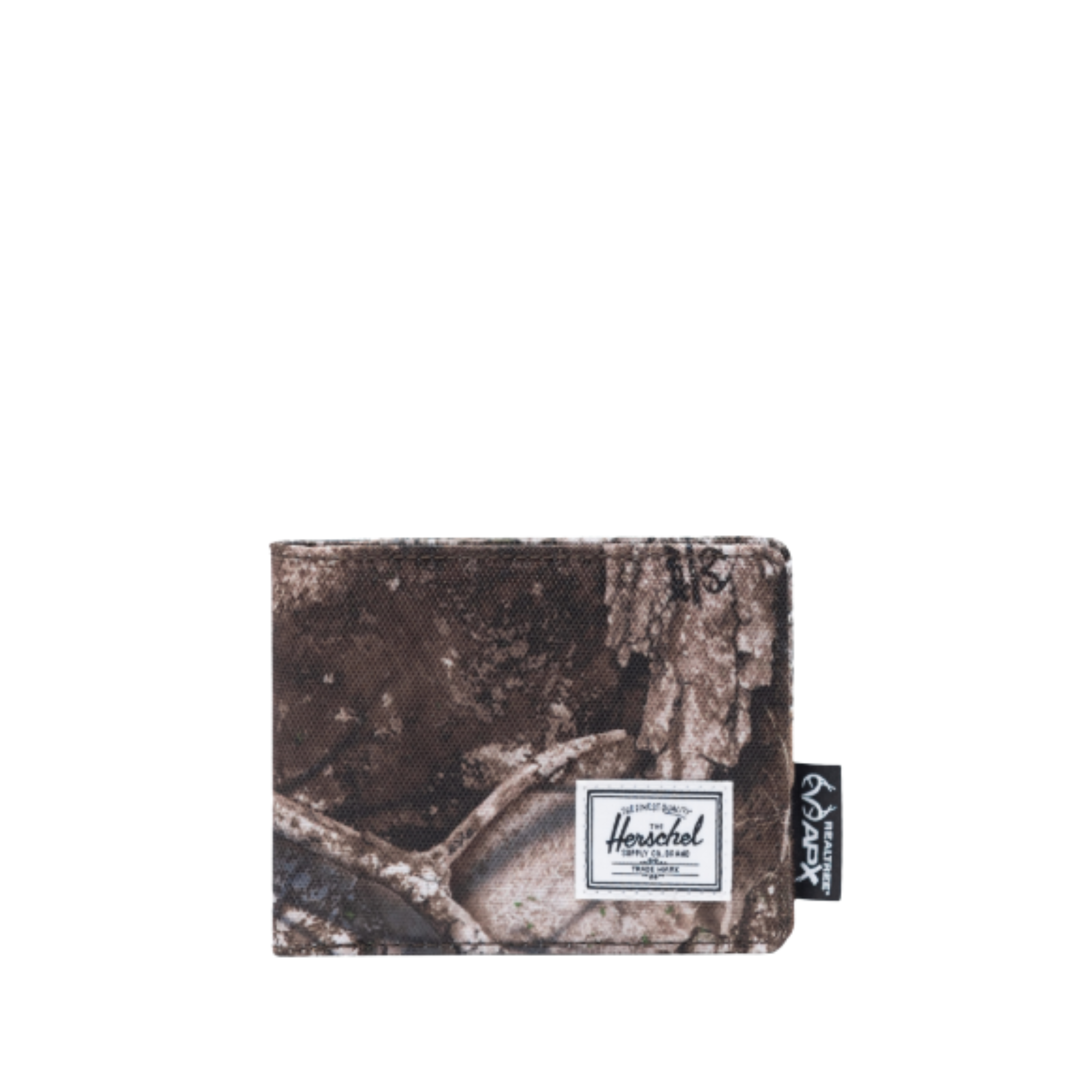 Camouflage-patterned real tree herschel roy wallet with a visible brand label on a white background