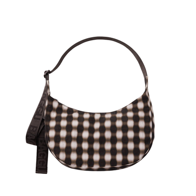 blurred brown and white gingham baggu medium nylon crescent bag on a white background