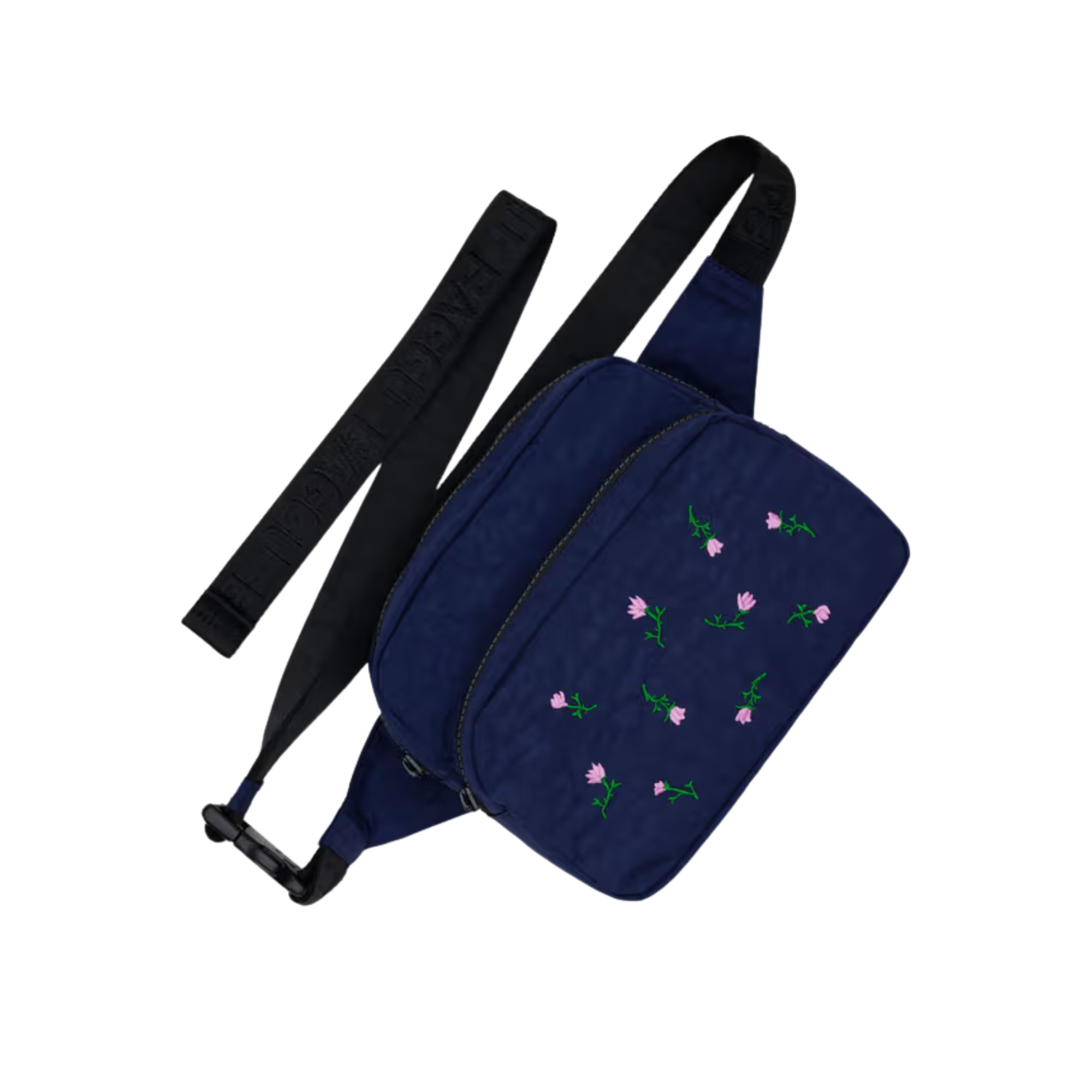 Navy blue baggu fanny pack bag with floral embroidery on a white background