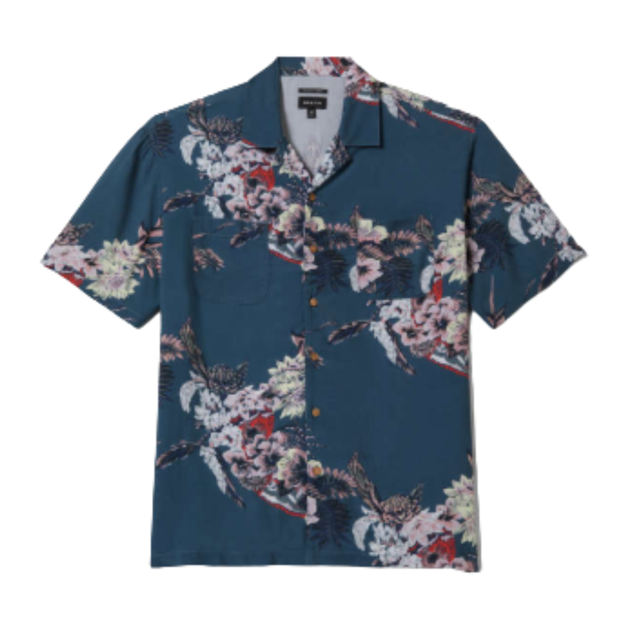 Floral patterned brixton bunker vacation short sleeve woven men's shirt on a white background