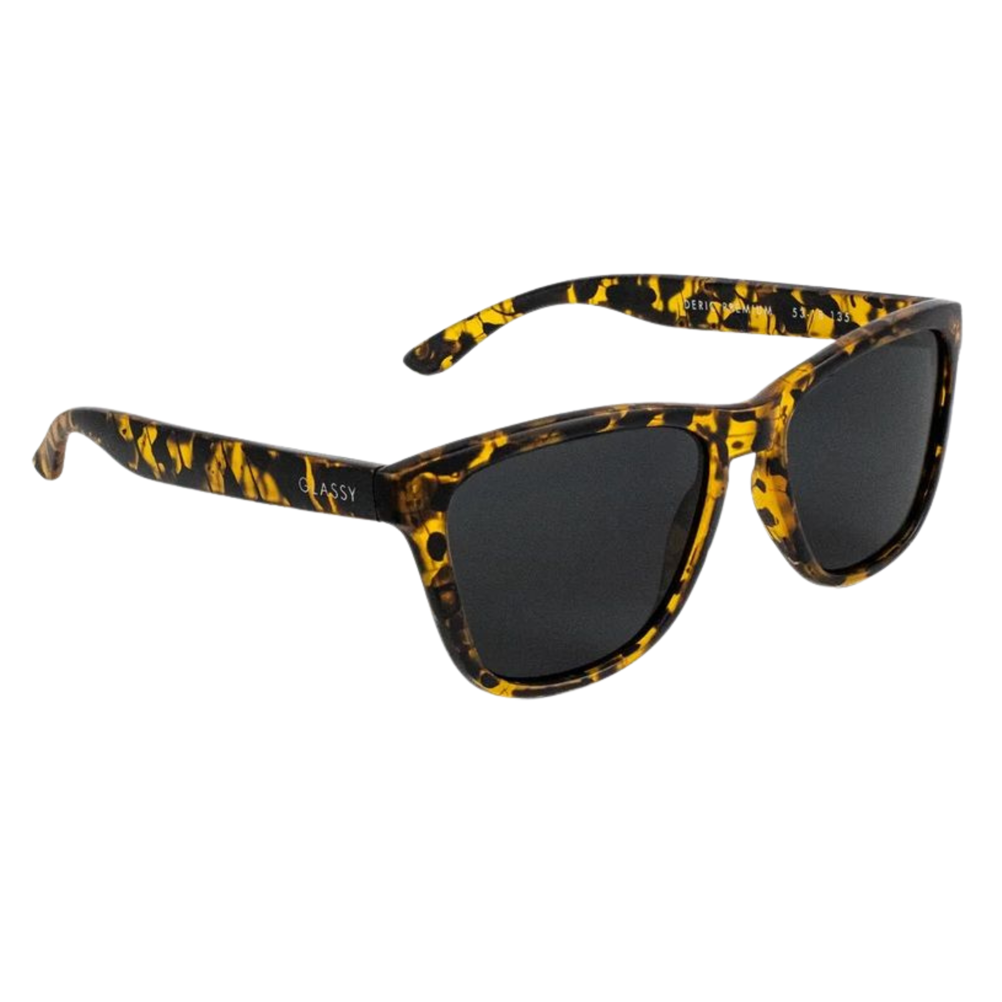 glassy deric premium polarized Sunglasses with yellow and black tortoiseshell frame on a white background
