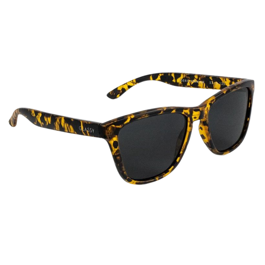 glassy deric premium polarized Sunglasses with yellow and black tortoiseshell frame on a white background