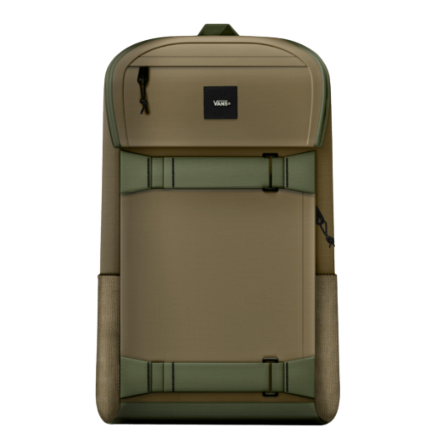 olive brown vans obstacle skateboard backpack on a white background