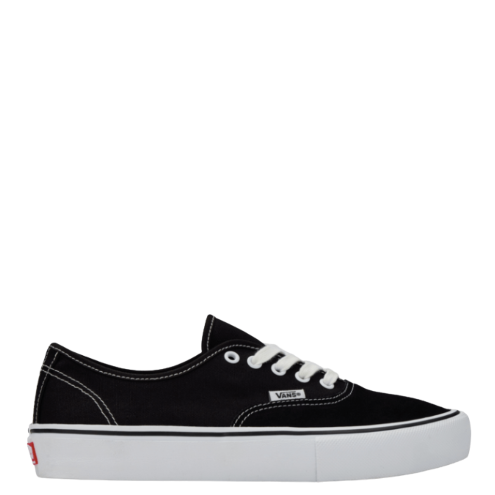 Black vans skate authentic sneaker with white laces on a white background