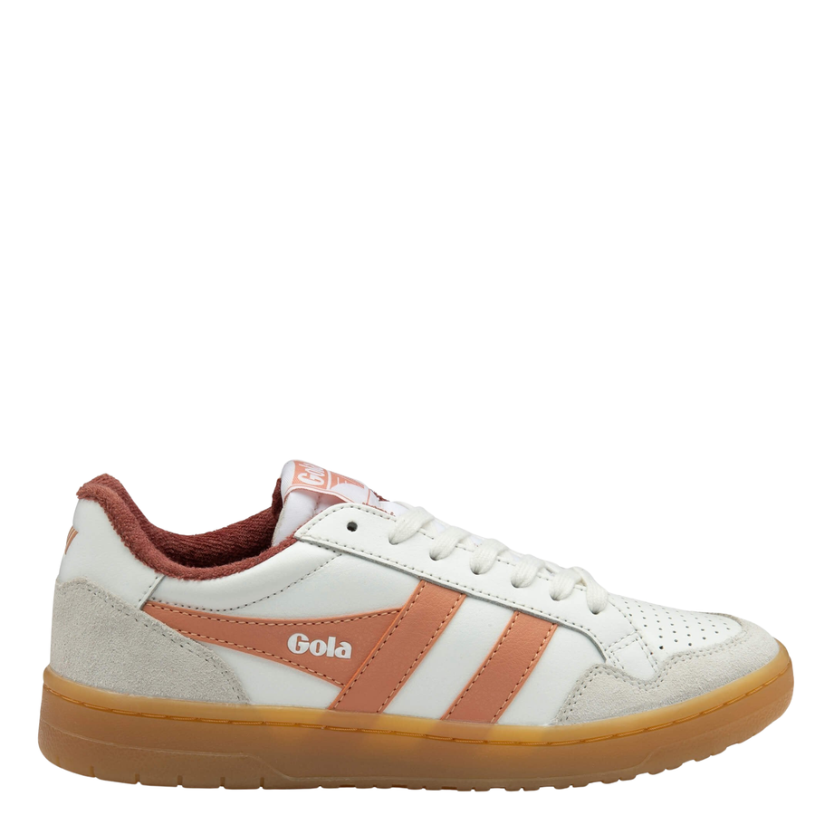 White and orange eagle '86 women's sneaker with 'Gola' branding on a white background & gum soles