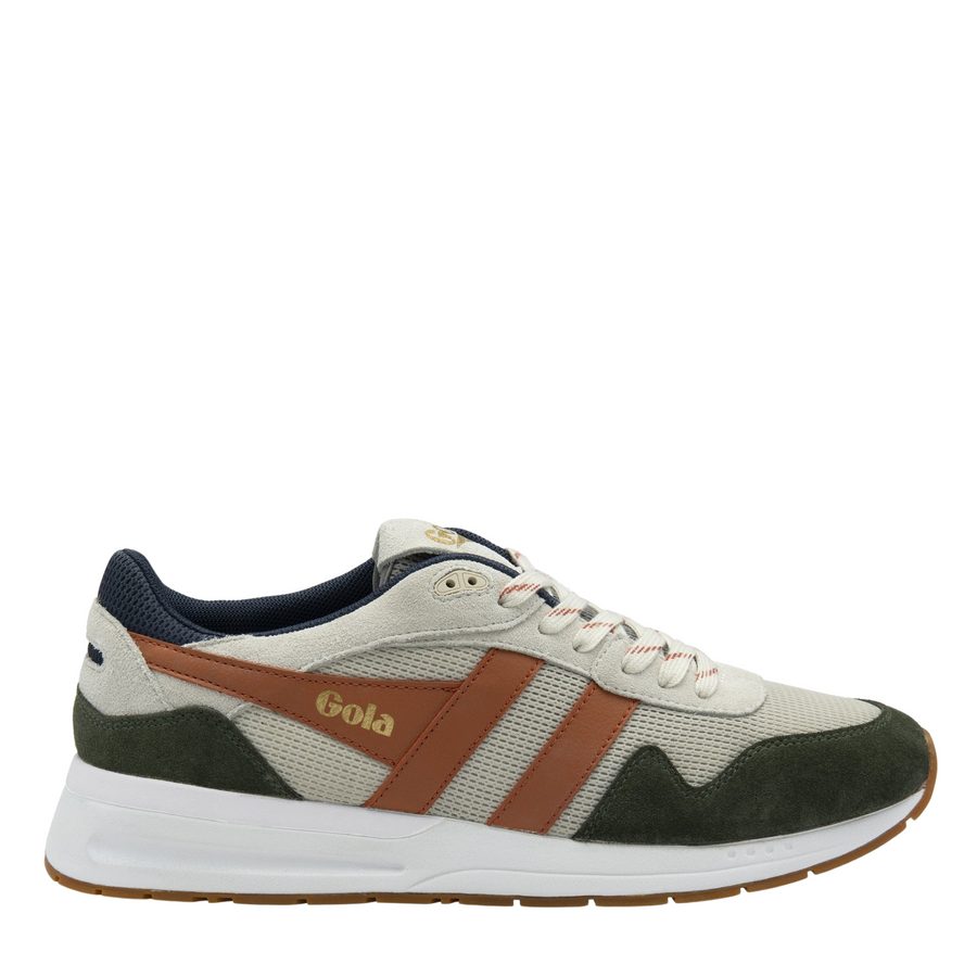 Multicolored gola men's delta sneaker with brown, green, and beige accents on a white background