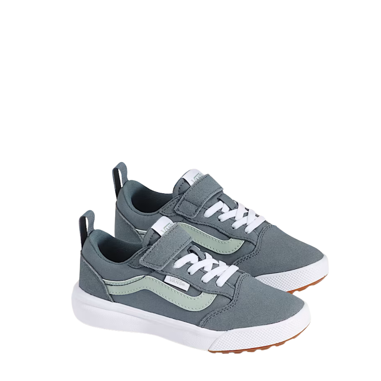 blue gray vans kids ultrarange 66 v with velcro straps, green sidestripe and white sole