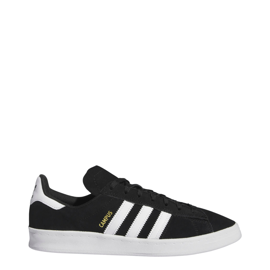 black and white adidas campus adv skateboard shoees on a white background