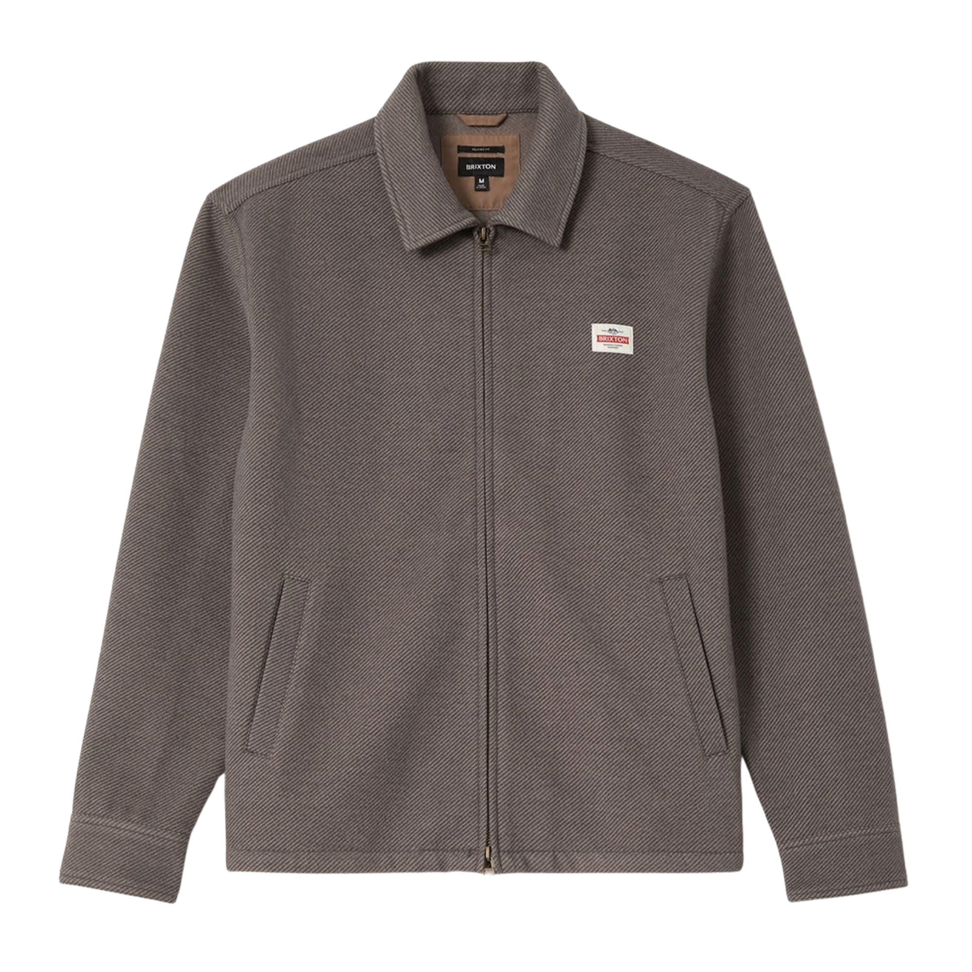 brown grey brixton trademark zip flannel jacket on a white background