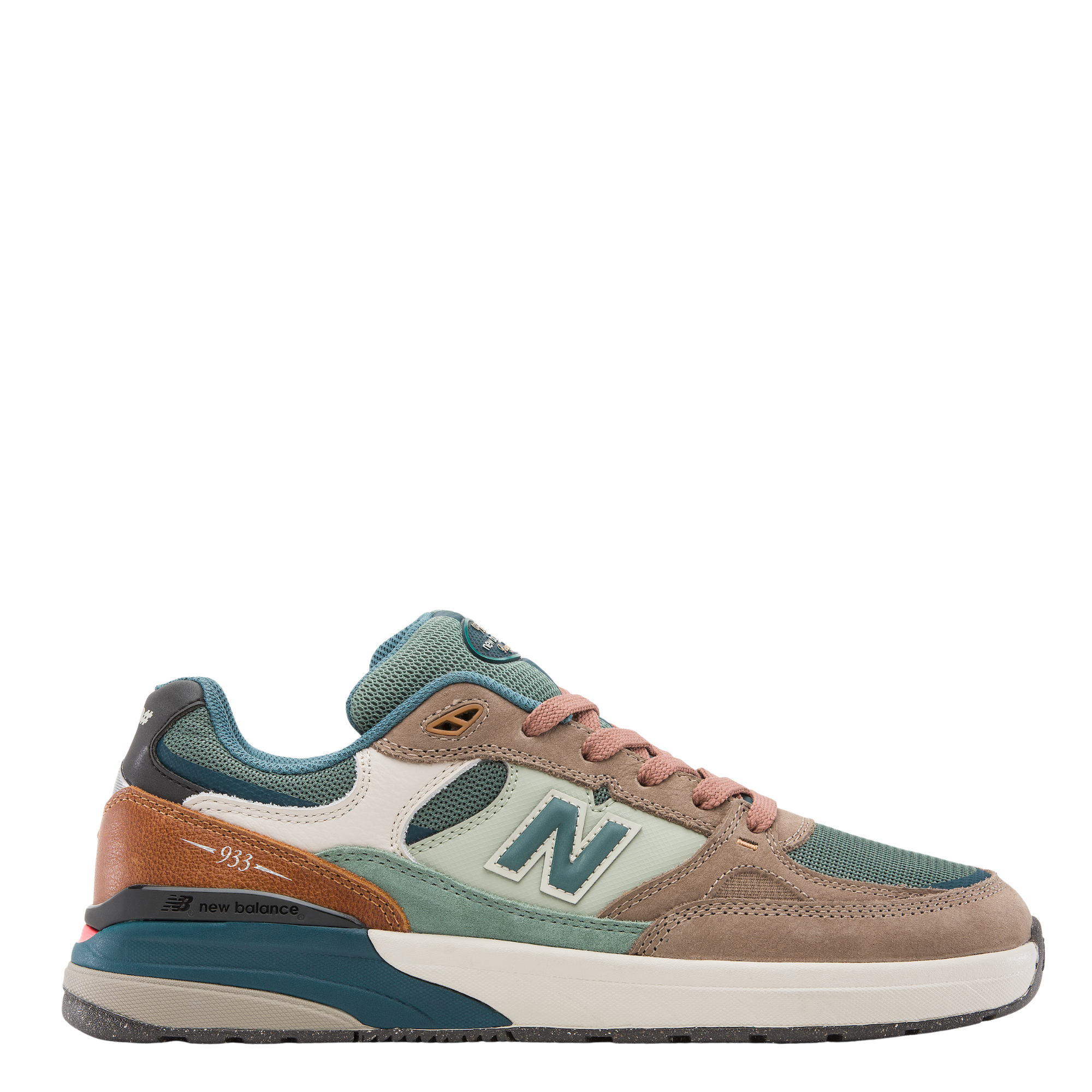 Multicolor brown and green new balance numeric 933 sneaker with 'N' logo on a white background
