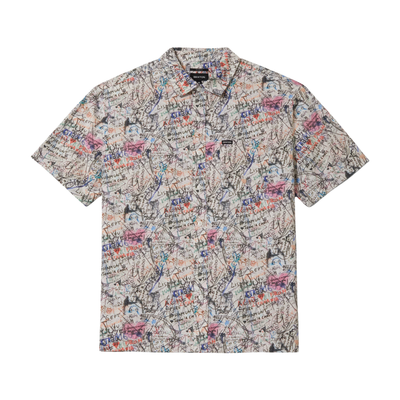 brixton cru short sleeve woven shirt with graffiti pattern on a white background