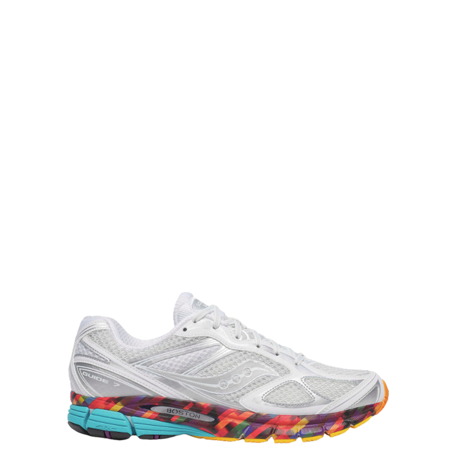 White saucony boston progrid guide 7 running shoe with colorful sole on a white background
