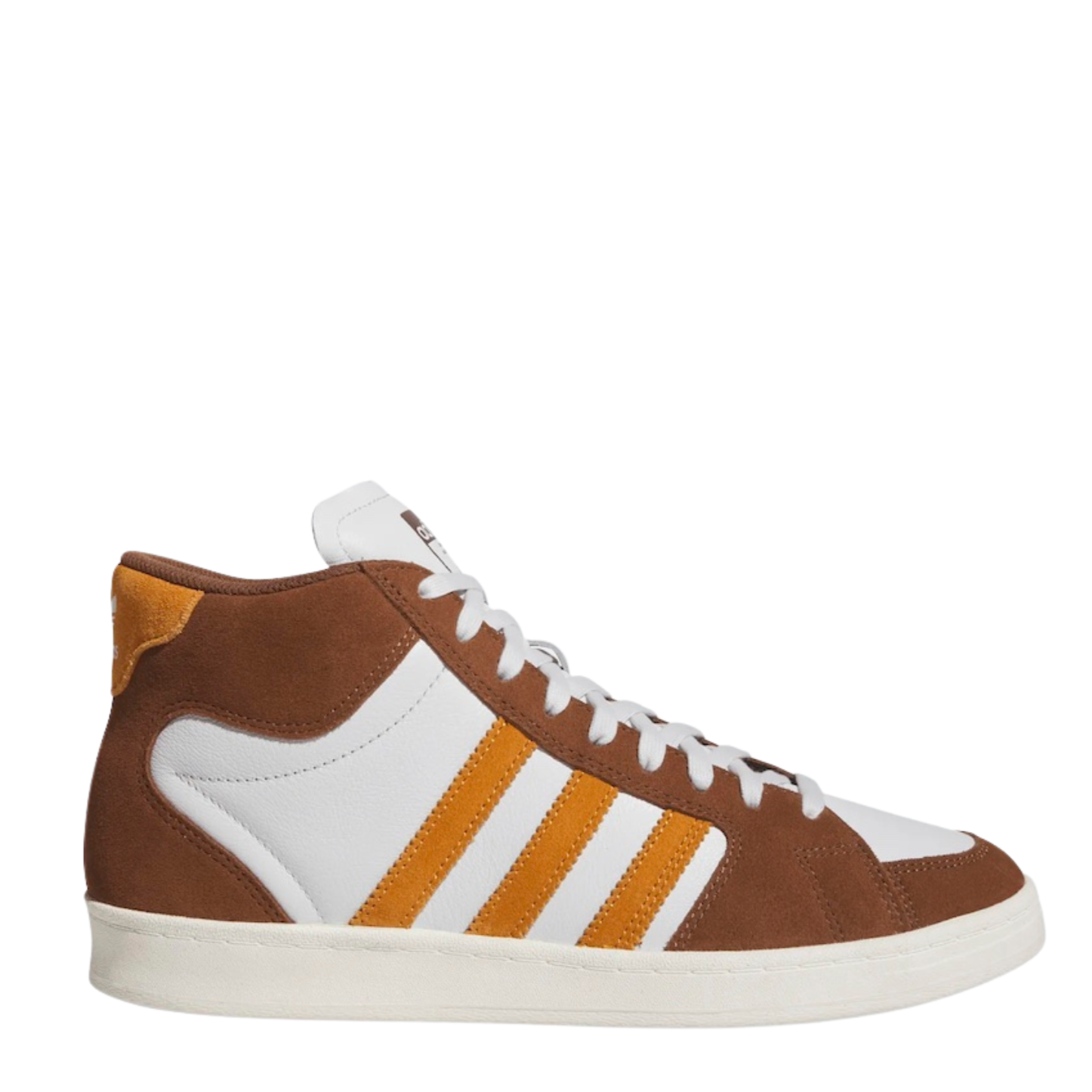 Brown and white Adidas superskate skateboard sneaker with orange accents on a white background