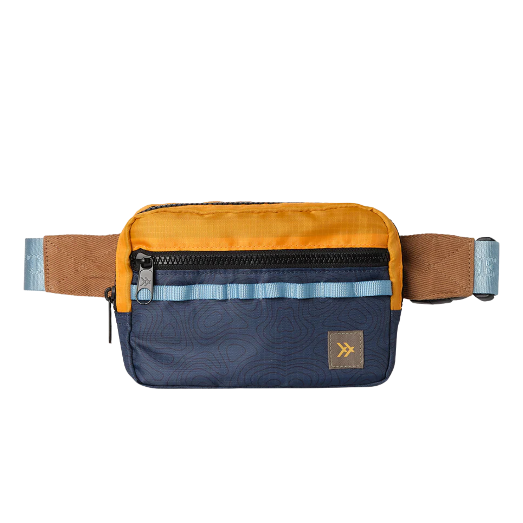 Multicolored thread belt bag with a visible brand logo on a white background