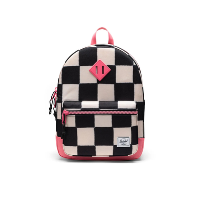 black and white checkerboard herschel kids heritage backpack with pink accents