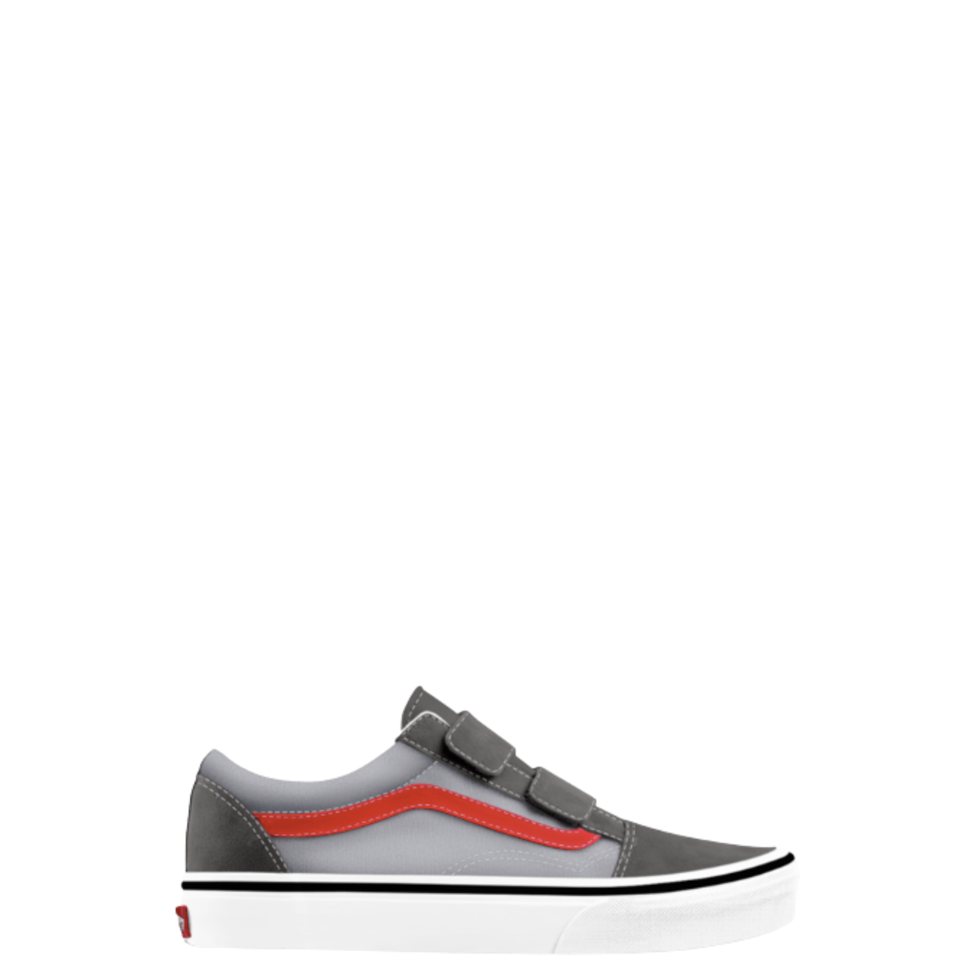 grey vans kids old skool v with red stripe on a white background