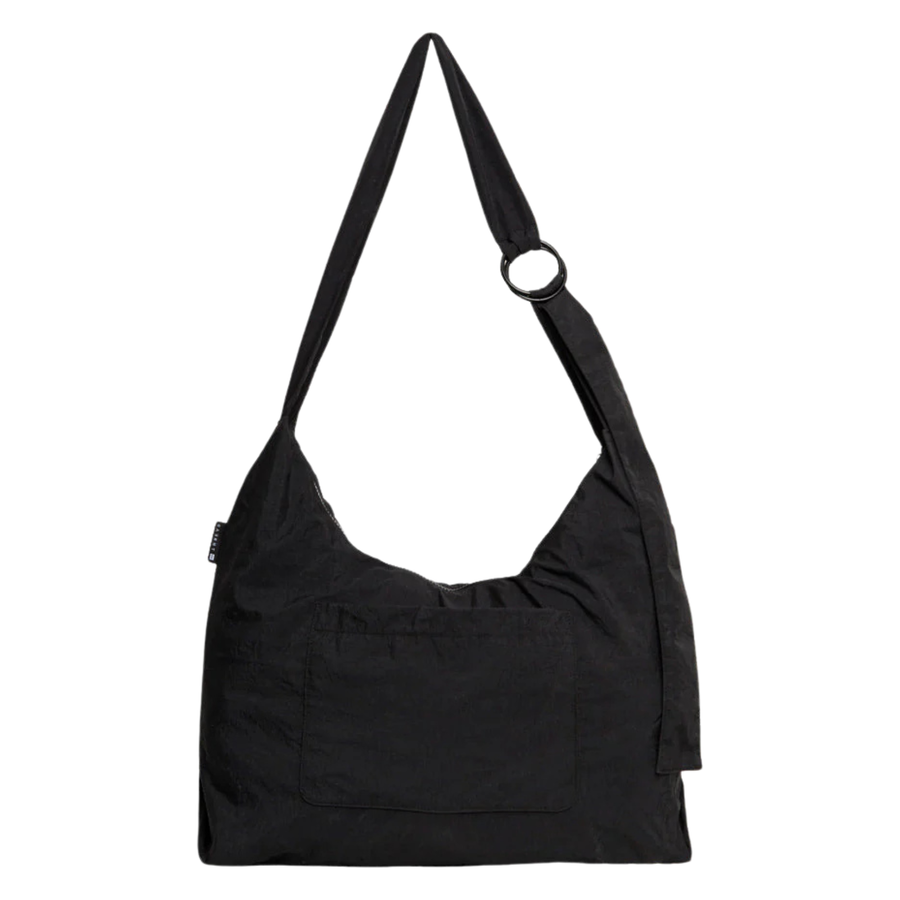 Black thread slouchy shoulder bag with a strap on a white background