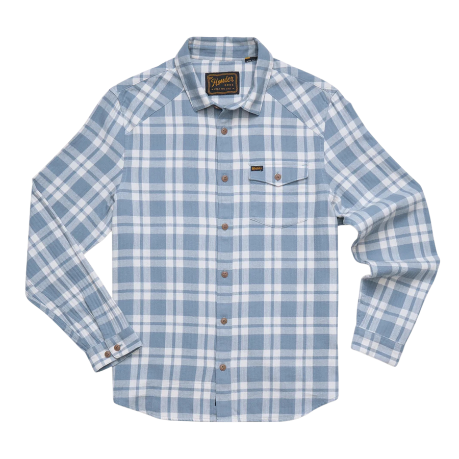 A light blue and white plaid howler brothers la grange lightweight flannel long-sleeve button-up shirt with brown buttons, a chest pocket, and a visible brand label on the collar and chest pocket.
