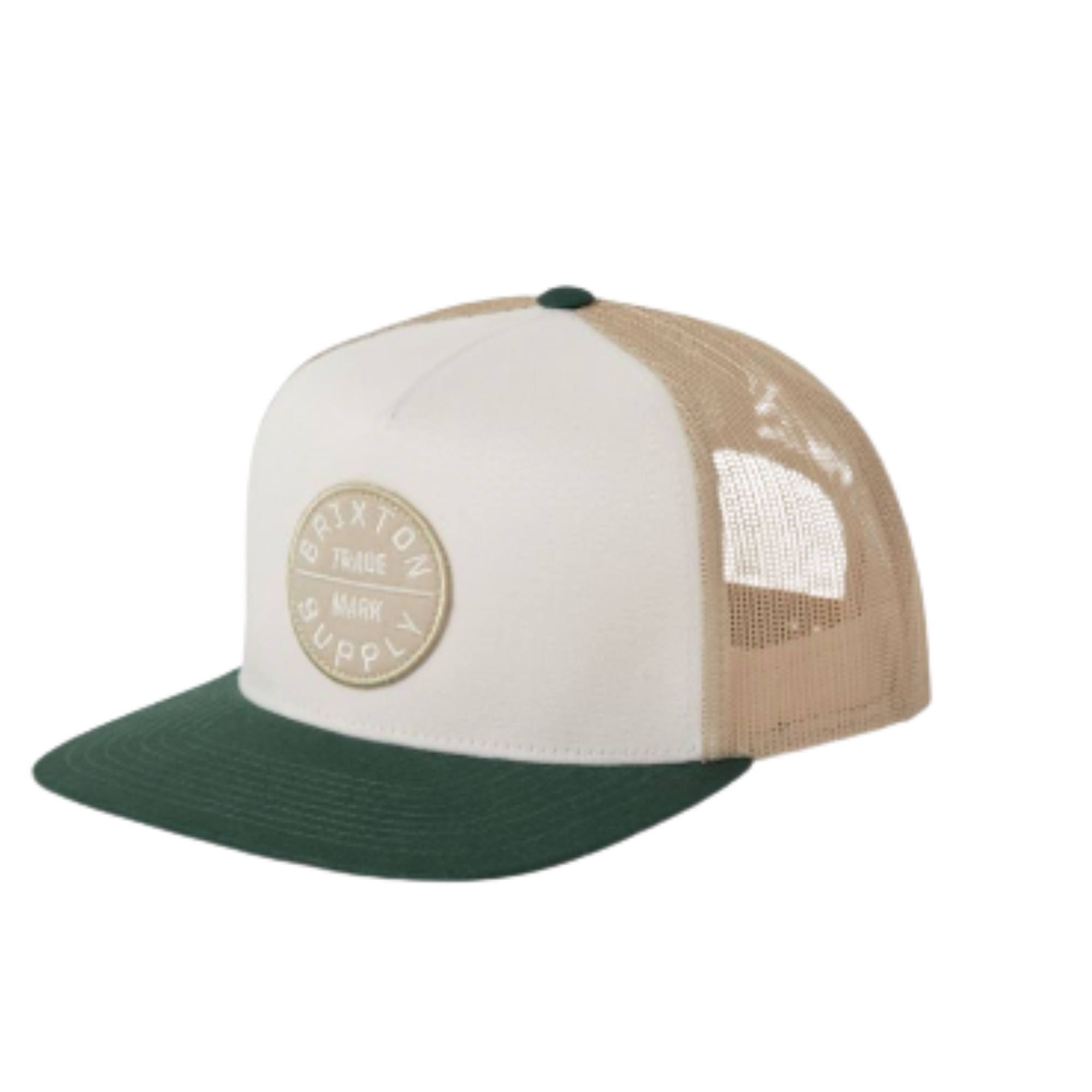brixton oath Trucker hat with beige and green colors on a white background