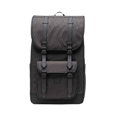 Black herschel supply co little america backpack with patterned design on a white background